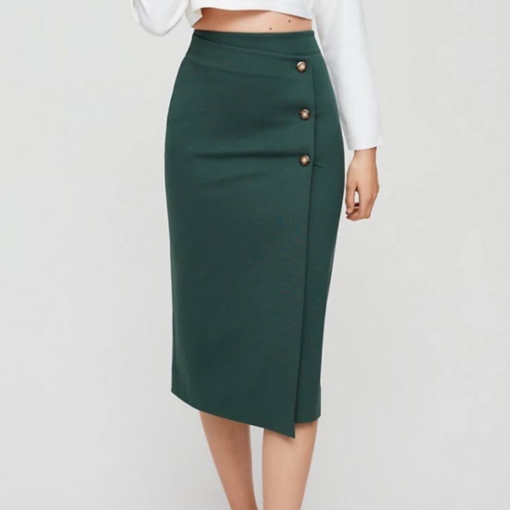 Aritzia Babaton Buttoned Up Midi Pencil Skirt Green assymetrical hem
